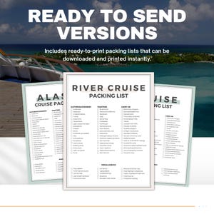 K&ouml;nnte beinhalten: Drei druckbare Packlisten f&uuml;r Flusskreuzfahrten, Alaska-Kreuzfahrten und allgemeine Kreuzfahrten. Jede Liste ist in Kategorien wie Kleidung/Zubeh&ouml;r, Toilettenartikel, Handgep&auml;ck und Sonstiges unterteilt. Die Listen sind in einem hellblauen und wei&szlig;en Farbschema gehalten.