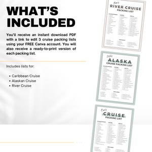 K&ouml;nnte beinhalten: Ein digitaler Download von drei druckbaren Packlisten f&uuml;r Kreuzfahrten. Die Listen sind f&uuml;r Kreuzfahrten in der Karibik, nach Alaska und auf Fl&uuml;ssen. Der Text "What's Included" befindet sich oben im Bild.