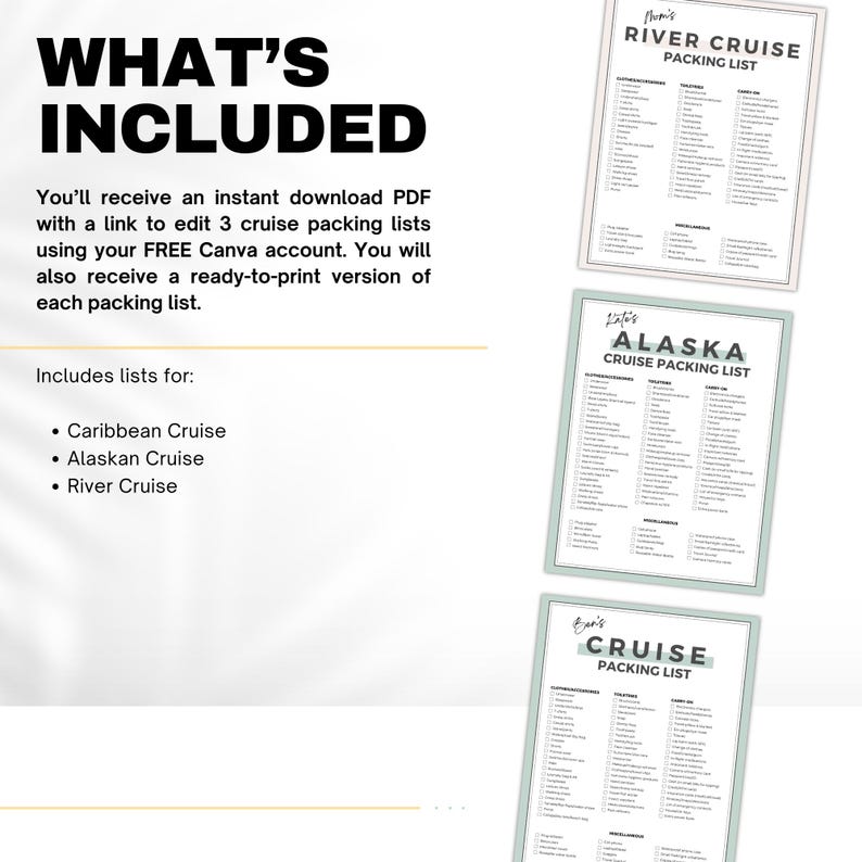 K&ouml;nnte beinhalten: Ein digitaler Download von drei druckbaren Packlisten f&uuml;r Kreuzfahrten. Die Listen sind f&uuml;r Kreuzfahrten in der Karibik, nach Alaska und auf Fl&uuml;ssen. Der Text "What's Included" befindet sich oben im Bild.