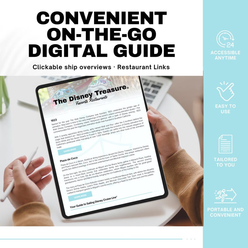 Puede incluir: Una gu&iacute;a digital en una tableta, titulada "Convenient On-The-Go Digital Guide." La pantalla muestra "The Disney Treasure. Favorite Restaurants." El texto incluye "Clickable ship overviews" y "Restaurant Links."