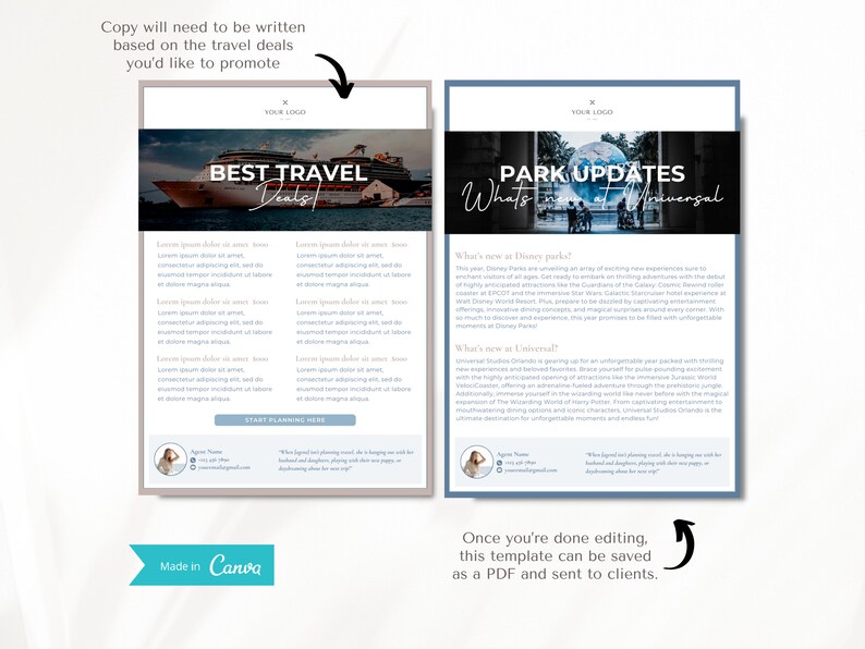 May include: A travel brochure template with two pages. The left page features a cruise ship with the text "Best Travel Deals" and the right page features a globe with the text "Park Updates What's New at Universal".