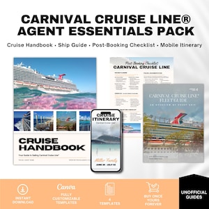 May include: A promotional image for a Carnival Cruise Line Agent Essentials Pack. The image includes a cruise ship, a mobile phone displaying a cruise itinerary, and various guides. Text includes "Cruise Handbook", "Post-Booking Checklist", and "Fleet Guide".