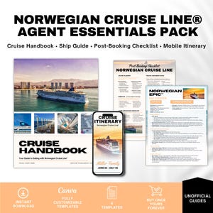 May include: A collection of digital travel documents for Norwegian Cruise Line agents. Includes a cruise handbook, ship guide, post-booking checklist, and mobile itinerary. The documents feature images of cruise ships and cityscapes, with the text "Norwegian Cruise Line Agent Essentials Pack".