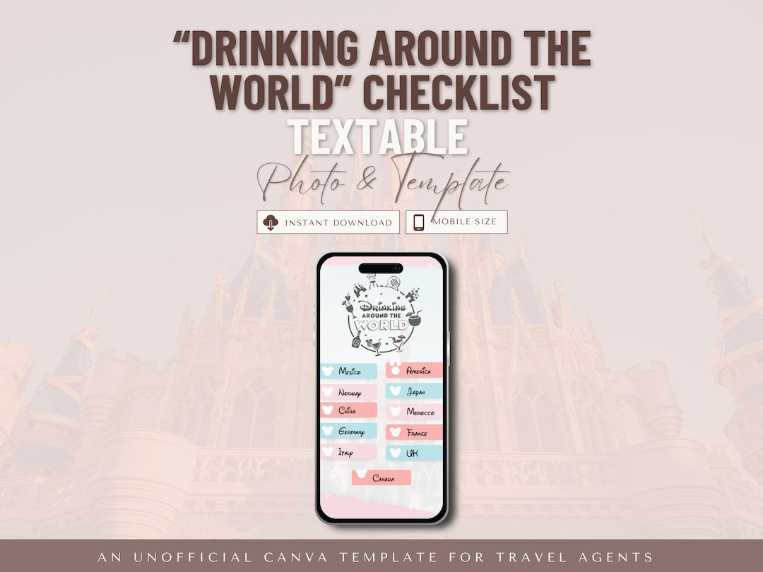 Drinking Around the World Checklist, Textable Travel Agent Template Etsy