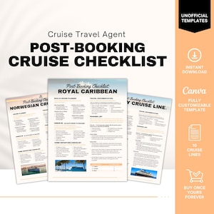 Può includere: Immagine promozionale per un agente di viaggio di crociere, con un modello di "Lista di controllo crociera post-prenotazione". L'immagine include tre liste di controllo per diverse compagnie di crociera, con il testo "Royal Caribbean", "Norwegian Cruise" e "Y Cruise Line". L'immagine include anche il testo "Download istantaneo" e "Canva".
