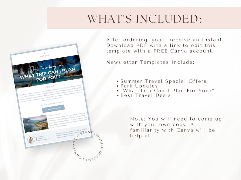 May include: A blue and white newsletter template with the text "What Trip Can I Plan For You?" and a photo of a tropical beach. The template includes a list of newsletter topics such as "Summer Travel Special Offers" and "Park Updates".