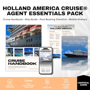 May include: An image promoting a Holland America Cruise Agent Essentials Pack. The image features a cruise ship, a mobile itinerary, a cruise handbook, and a fleet guide. The text includes "Instant Download" and "Fully Customisable Templates."