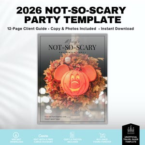 May include: A 2026 Not-So-Scary Party Template 12-page client guide featuring text, copy, and photos. The cover displays a Mickey Mouse-shaped pumpkin lantern centered within an autumn leaf wreath, with the text Mickey's Not-So-Scary Halloween Party.