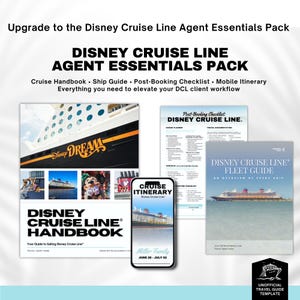 Puede incluir: Imagen promocional del Disney Cruise Line Agent Essentials Pack. Incluye un manual, una gu&iacute;a de barcos, una lista de verificaci&oacute;n posterior a la reserva y un itinerario m&oacute;vil. El texto dice "Disney Cruise Line Agent Essentials Pack".