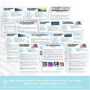 Puede incluir: Una colecci&oacute;n de folletos informativos para los barcos de Disney Cruise Line, incluyendo Dream, Wonder, Treasure, Destiny, Magic, Adventure y Fantasy. Los folletos presentan detalles de los barcos y las principales atracciones. La parte inferior de la imagen tiene el texto: "Ayude a los clientes a explorar toda la flota de Disney Cruise Line."