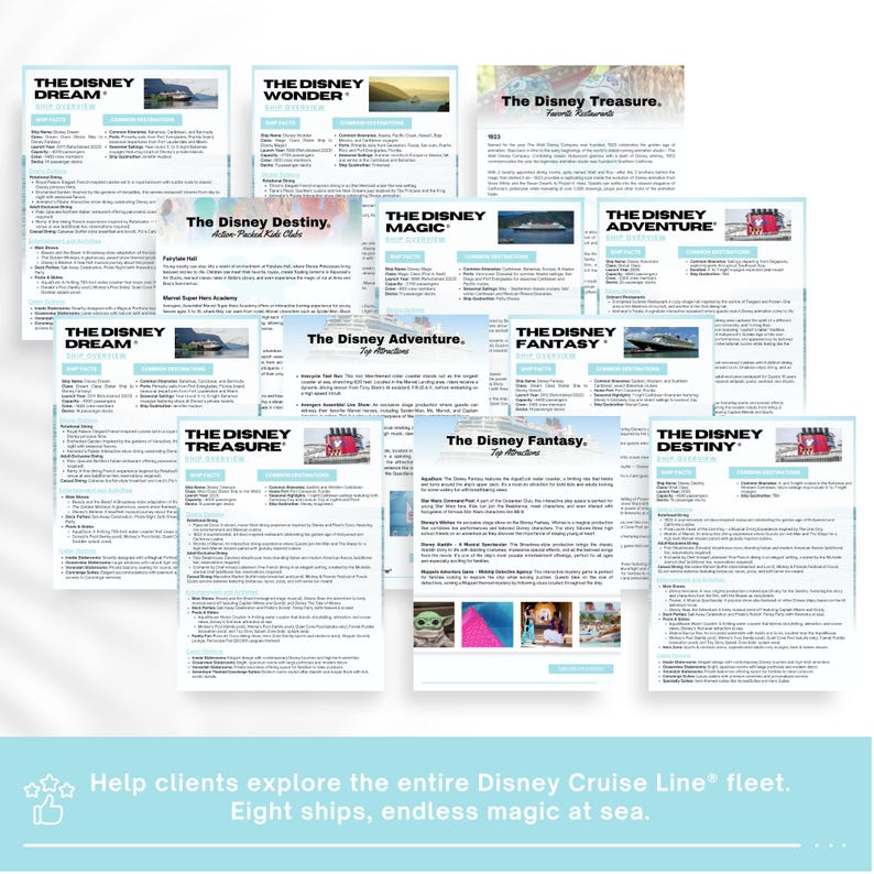 Puede incluir: Una colecci&oacute;n de folletos informativos para los barcos de Disney Cruise Line, incluyendo Dream, Wonder, Treasure, Destiny, Magic, Adventure y Fantasy. Los folletos presentan detalles de los barcos y las principales atracciones. La parte inferior de la imagen tiene el texto: "Ayude a los clientes a explorar toda la flota de Disney Cruise Line."