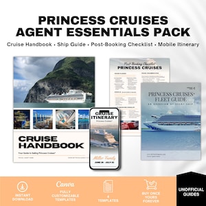 May include: A Princess Cruises Agent Essentials Pack with a cruise handbook, ship guide, post-booking checklist, and mobile itinerary. The image includes a cruise ship, a smartphone with a cruise itinerary, and a fleet guide.