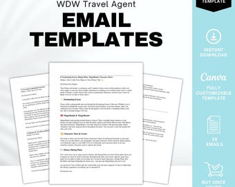May include: A blue and white Canva template for email templates for a WDW travel agent. The template includes 28 emails with titles like "Enchanting Extras", "MagicBands & MagicMoments", "Character Meet & Greets", and "Disney Dining Plans".