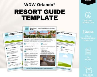 May include: A light blue Canva template for a WDW Orlando Resort Guide. The template includes three sample resort pages with information on rooms, dining, and recreation. The guide is fully customizable and includes 20 pages. The text reads "Buy Once Yours Forever."
