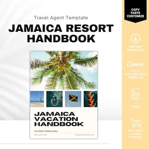 May include: A white and black digital template for a Jamaica resort vacation handbook. The template features a collage of images of a palm tree, a sailboat, a heart-shaped necklace, the Jamaican flag, and a red flower. The text "Jamaica Vacation Handbook" is in bold black letters. The text "Your Guide to Visiting Jamaica" is in black letters. The text "TRAVEL AGENT NAME" is in black letters. The text "WWW.MYTRAVELAGENCY.COM" is in black letters.