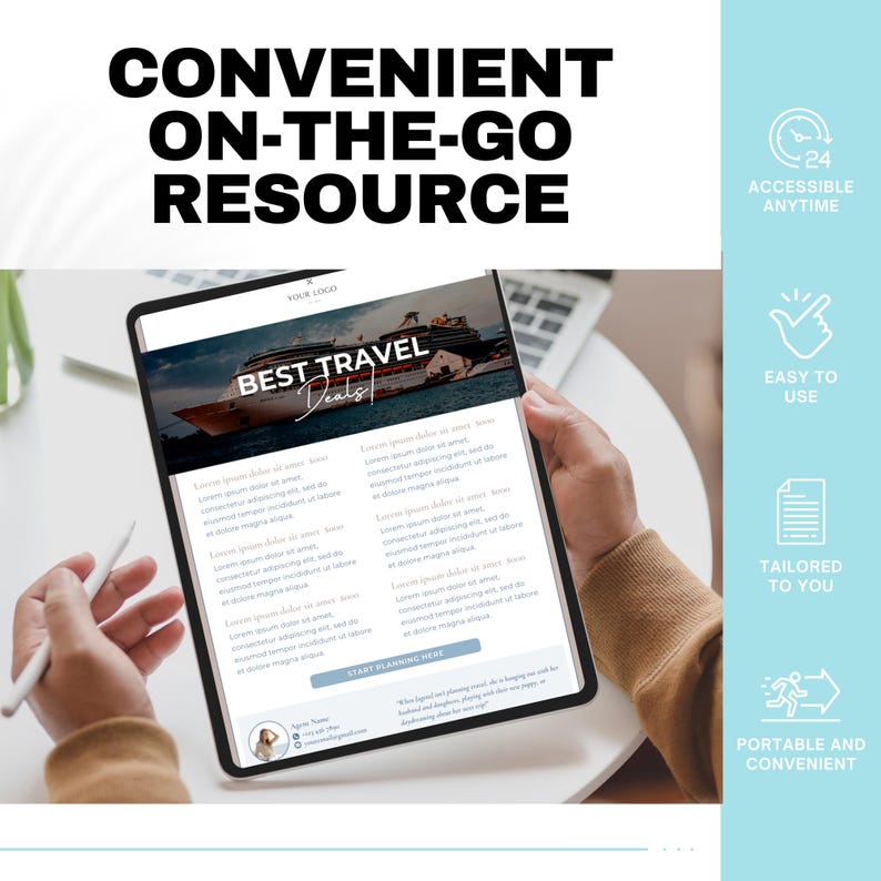 May include: A person is holding a tablet displaying a website with the text "Best Travel Deals". The website features a cruise ship and a call to action to "Start Planning Here". The tablet is on a white surface with a keyboard and a blue background with icons representing accessibility, ease of use, tailored to you, and portability.