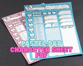 May include: Two pastel-colored D&D character sheets. One is pink, the other is blue. Both sheets have decorative elements like hearts, clouds, and banners. The text "PASTEL D&D CHARACTER SHEET PDF" is displayed in pink and blue.