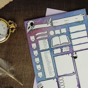 May include: A fantasy-themed character sheet with a skull and feather design. The sheet features boxes for stats, skills, and notes, with a purple and pink watercolor background. A gold pocket watch, quill, and feather are also visible.