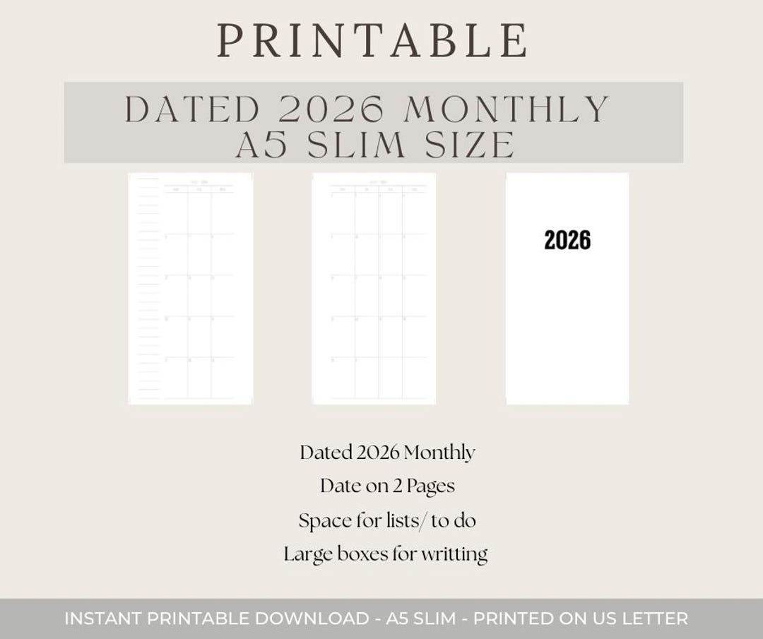 2026 Dated Monthly - A5 SLIM - Printable Inserts - Simple - Etsy