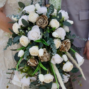 Cascading Wedding Bouquets Wooden Variegated Sola Roses Ivory Eucalyptus Cascade Bridal Weddings Bridesmaids Boutonniere Rustic Flowers