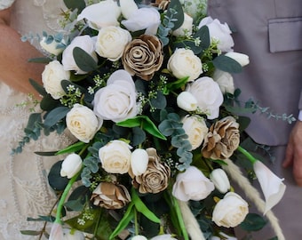 Cascading Wedding Bouquets Wooden Variegated Sola Roses Ivory Eucalyptus Cascade Bridal Weddings Bridesmaids Boutonniere Rustic Flowers