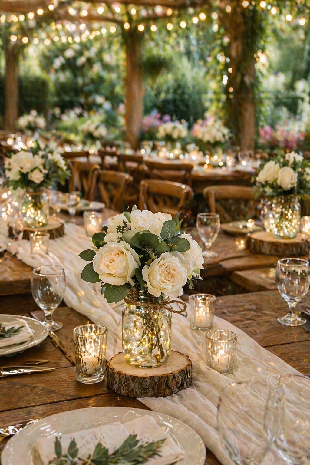 wedding table setting layered tablecloths and mason jar centerpieces