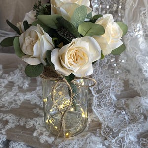 Lighted Mason Jar Centerpieces Wedding Centerpieces Event Centerpieces Mason jars with lights Wedding Décor Classic Ivory Roses
