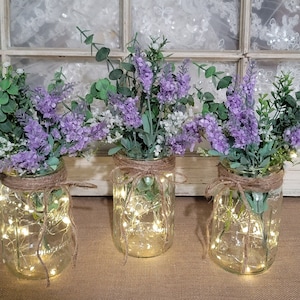 Sets of Lighted Mason Jar Centerpieces, Wedding Centerpieces, Event Centerpieces, Mason jars with lights, Wedding Décor, Lavender Purple