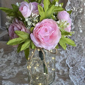 Lighted Mason Jar Centerpieces Wedding Centerpieces Event Centerpieces Mason jars with lights Wedding Décor Pink Roses Babies Breath