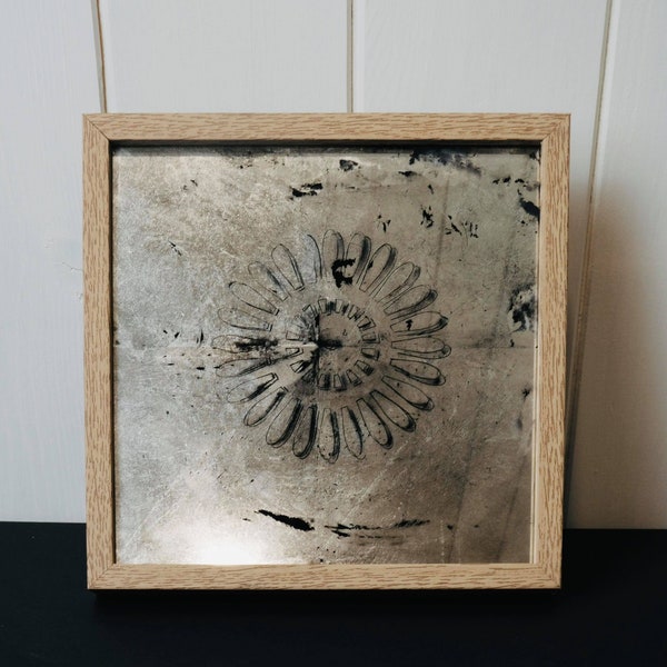 Gilded Glass Art - Small Fossil Flower  / Gold Leaf Sign / Verre Eglomise