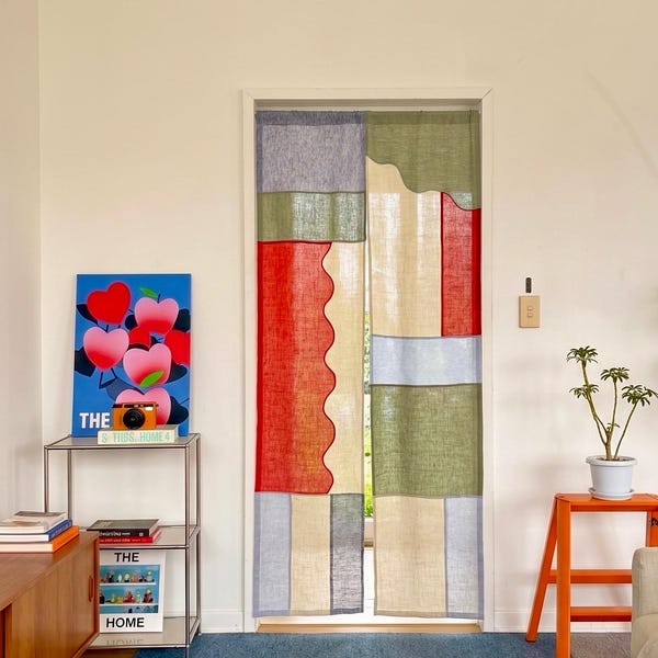 Colorful Patchwork Noren Door Curtain | Linen Doorway Panel | Geometric Pojagi Room Divider