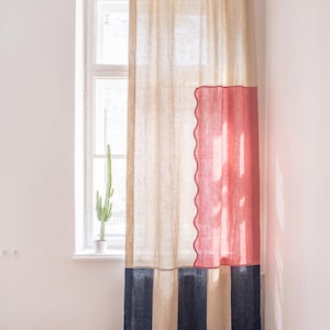 Rosa vågig linnegardin: Dopamine Decor vågigt draperi | Maximalist randig fönsterpanel, funkiga gardiner