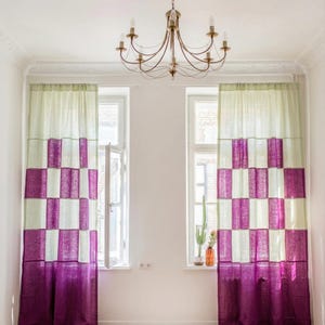 Paars en groen geruit linnen gordijn op maat | Retro patchwork geometrisch raamgordijn