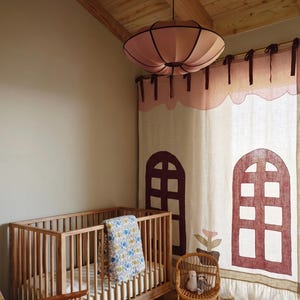 Kids Room Curtain with Ruffle: Custom Patchwork Linen Drapery for Nursery, Playroom Door Curtain