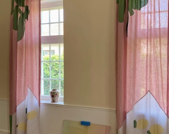 Lemon Design Linen Curtain / Pastel Pink Funky Drapery, Italian Boho Textile Art Curtain