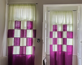 Purple & Green Checkered Linen Curtain / Retro Geometric Design Window Shade / Rod Pocket Linen Panel, Pop Art Patchwork Checker Curtain