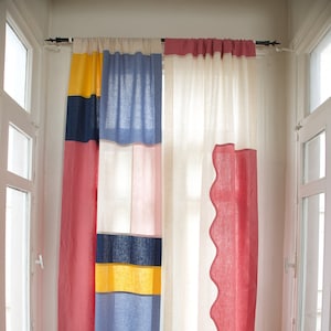 Set of 2 Modern Japanese Linen Curtain, Multicolors Pink Wavy Window Panel, Pop Art Room Divider, Korean Patchwork, Custom Made Curtain