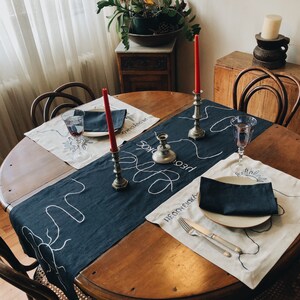 Linen Table Runner MEDITERRANEAN. Navy Deep Blue Natural Linen Tablecloth. Modern Bohemian Embroidered Design Table Cover, Table Centerpiece