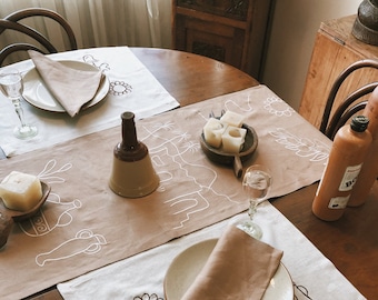 Linen Table Runner GREEK. Light Brown Cream Tan Natural Linen Tablecloth. Unique Hand Embroidery. Table Topper, Boho Rustic Console Runner