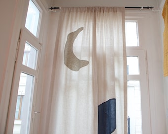 Moon Night Blue & Pink Linen Curtain, Vintage Natural Sheer Linen Textile Art, Moroccan Authentic Designer Window Shade, Custom Made Curtain