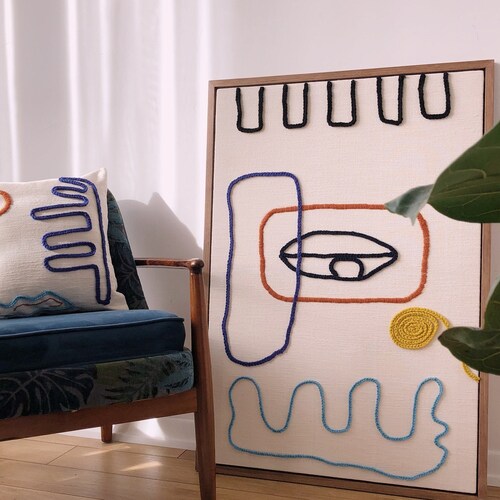 Set of 2 : MILAS Framed Work & OLEANDER Pillow Case / Hand Woven Wall Hanging, Wall Art 70x100 cm. Handmade Tapestry, Hand Embroidery Design