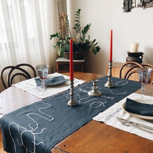 Linen Table Runner MEDITERRANEAN. Navy Deep Blue Natural Linen Tablecloth. Modern Bohemian Embroidered Design Table Cover, Table Centerpiece image 2