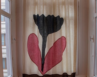 Flower Design Linen Curtain / Handmade Patchwork Textile Art / Custom Made Linen Drapery, Blue Pink Sheer Window Panel, Pop Art Room Divider