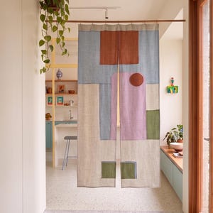 Geometric Noren Door Curtain, Linen Doorway Panel, Patchwork Pojagi Room Divider, Minimalist Colorful Curtain