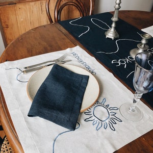 Linen Table Runner MEDITERRANEAN. Navy Deep Blue Natural Linen Tablecloth. Modern Bohemian Embroidered Design Table Cover, Table Centerpiece image 8