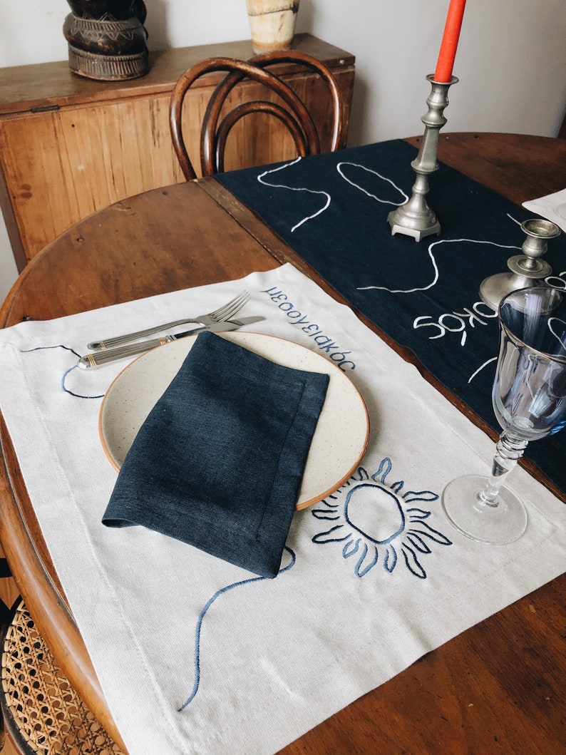 Linen Table Runner MEDITERRANEAN. Navy Deep Blue Natural Linen Tablecloth. Modern Bohemian Embroidered Design Table Cover, Table Centerpiece image 8