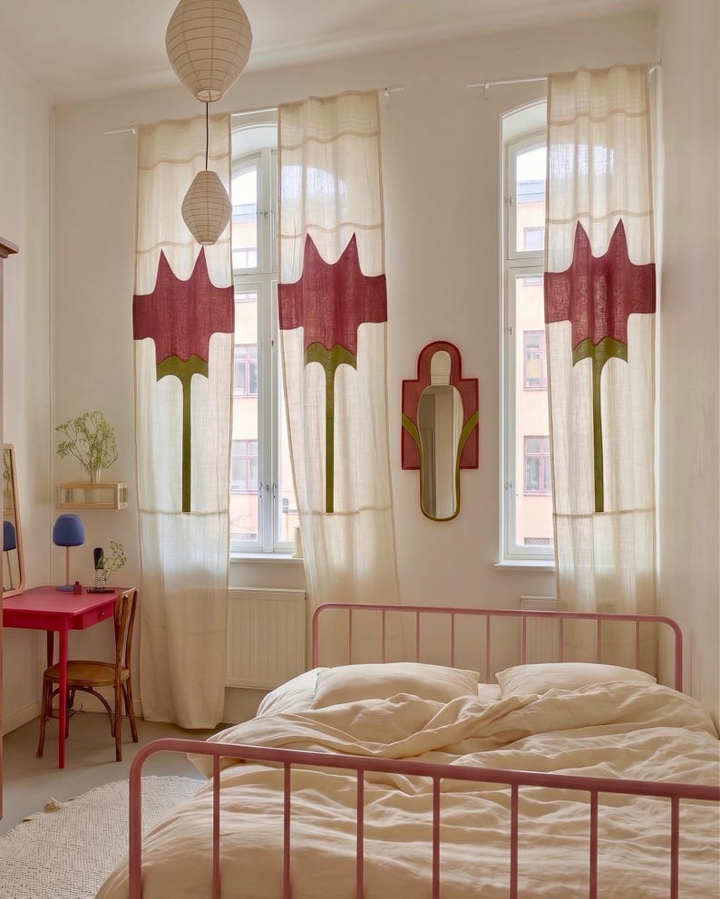 Patchwork Leinen Vorhang mit Blumenapplikation, Handgenähtes Kinderzimmer Dekor, Japanische Rose Noren Vorhang Bild 7