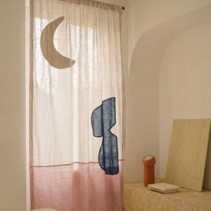 Moon Night Blue & Pink Linen Curtain, Vintage Natural Sheer, Linen Textile Art, Custom Size Patchwork Curtain