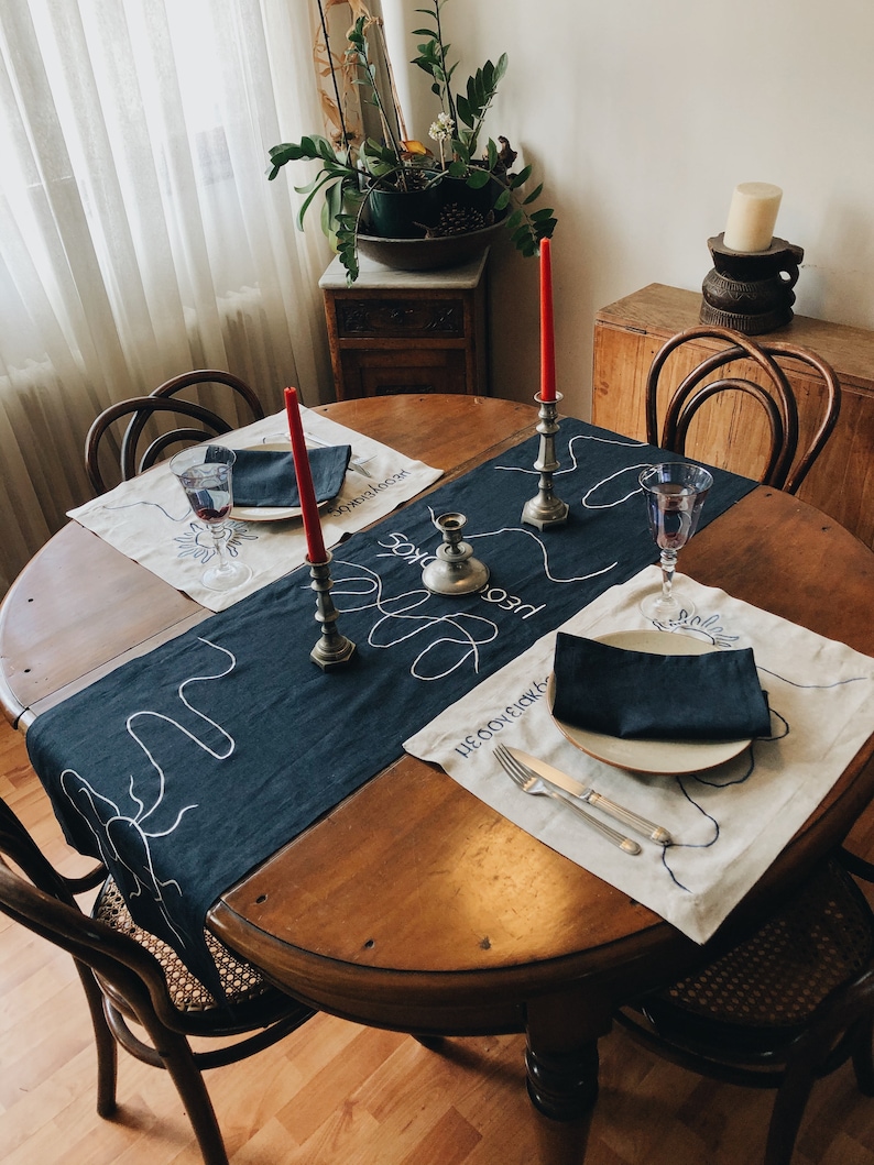 Linen Table Runner MEDITERRANEAN. Navy Deep Blue Natural Linen Tablecloth. Modern Bohemian Embroidered Design Table Cover, Table Centerpiece image 1