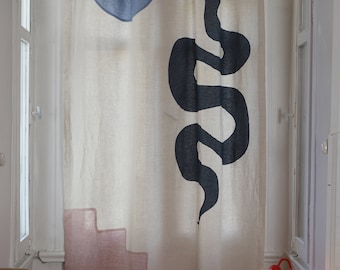 Blue Moon and Snake Linen Curtain / Handmade Linen Window Panel, Pop Art Natural Crushed Linen Sheer / Moroccan Landscape Design Curtain
